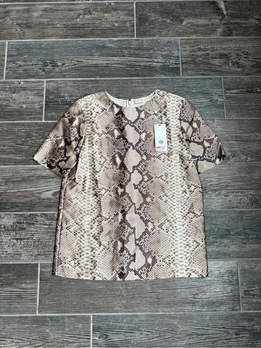 Tory Burch Women’s Short Sleeve Silk Crew Neck Python Print Top
